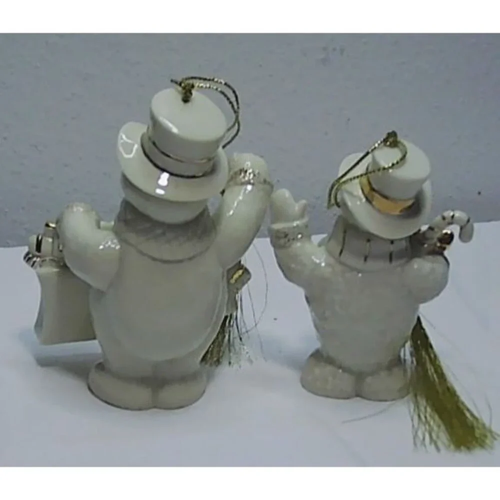 Pair of Vtg Lenox Ivory China Snowman Christmas Ornaments Gold Accents 3.75-4.25